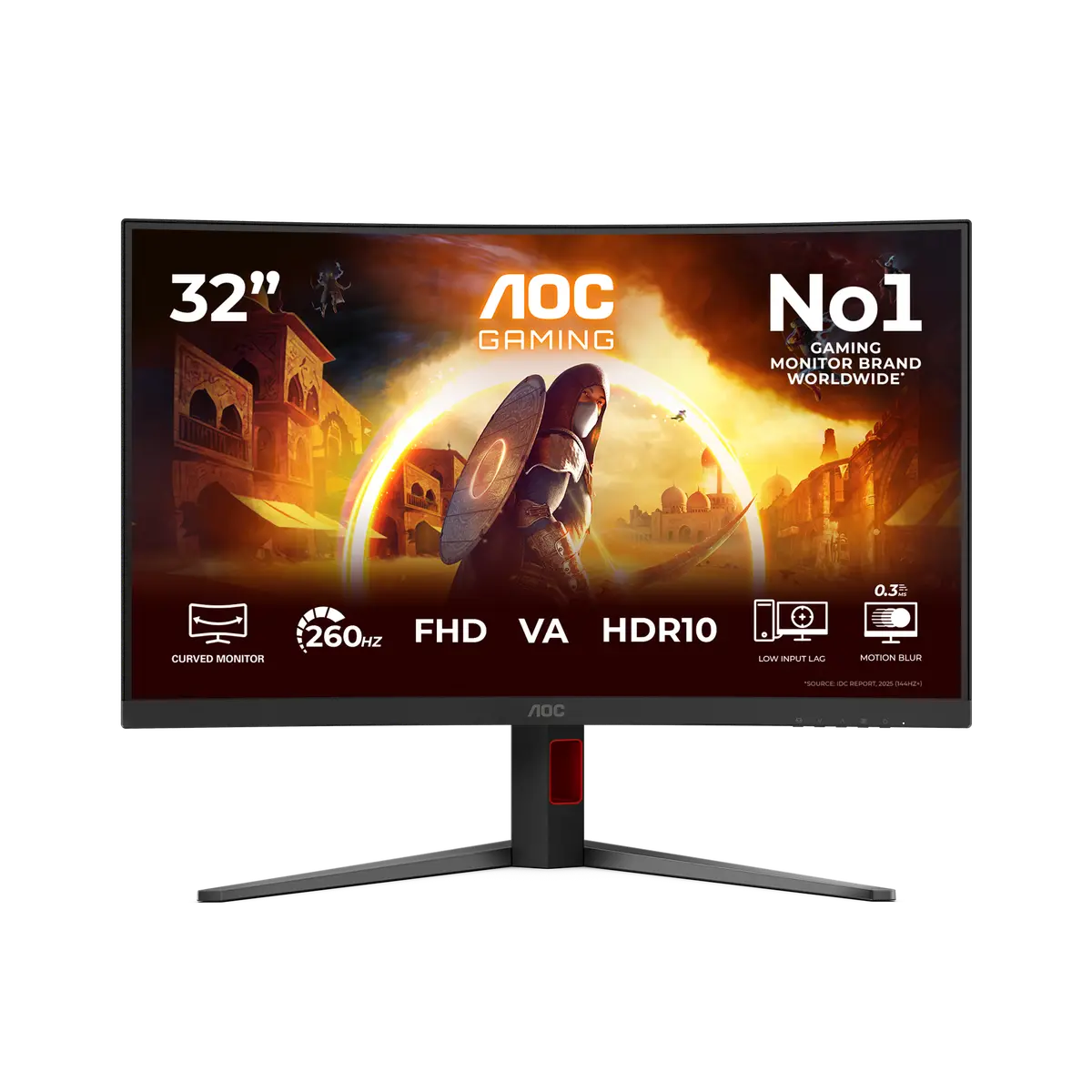 AOC C32G4Z monitor, official exact-model gallery view showing the screen and supplied stand.