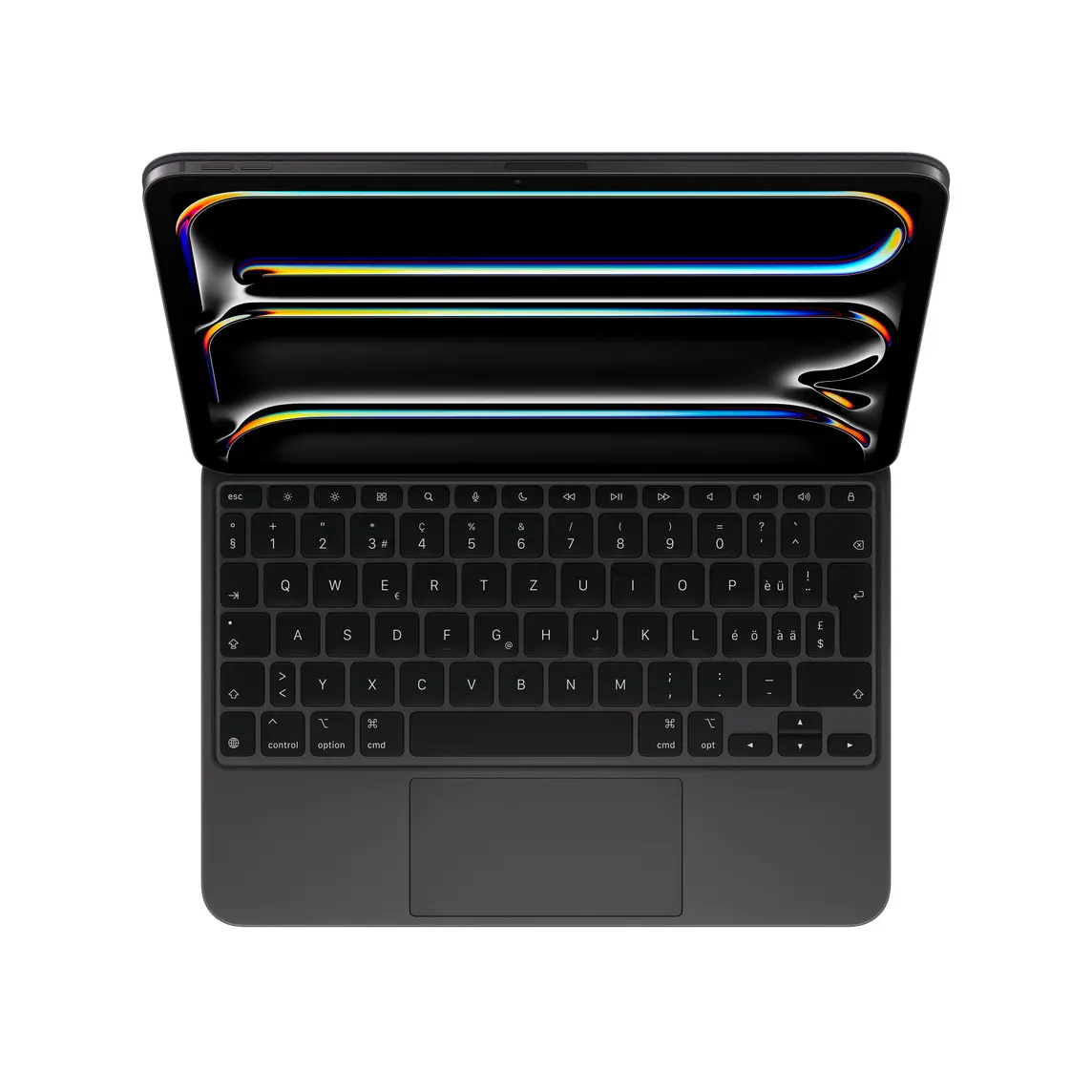 iPad Pro attached to Magic Keyboard, Black, black keys with white text, inverted T arrow keys, function key row, built-in trackpad