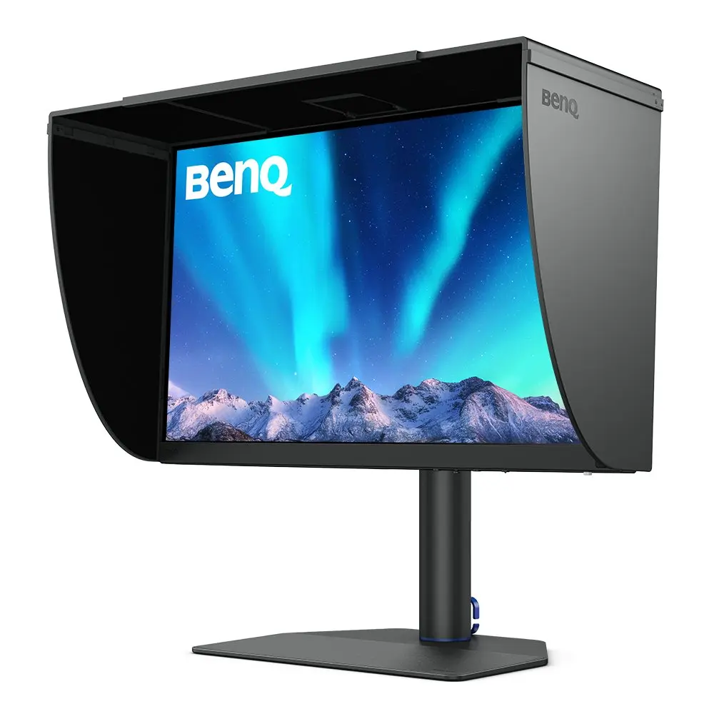 BenQ SW272QN monitor, official product view with the supplied shading hood fitted.