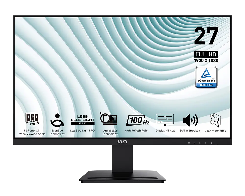 MSI PRO MP273A monitor with its supplied stand, official manufacturer illustration