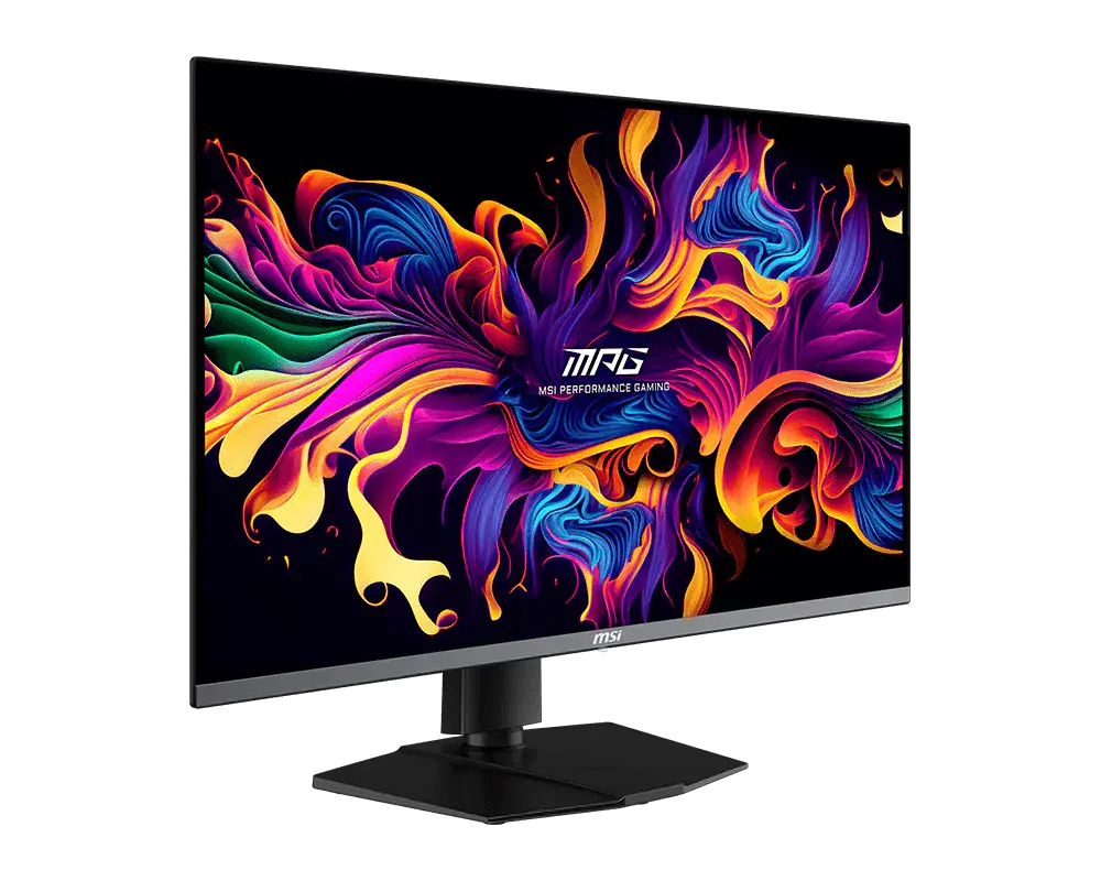 MSI MPG 321URX QD-OLED: one monitor with its supplied stand, shown from the front at an angle