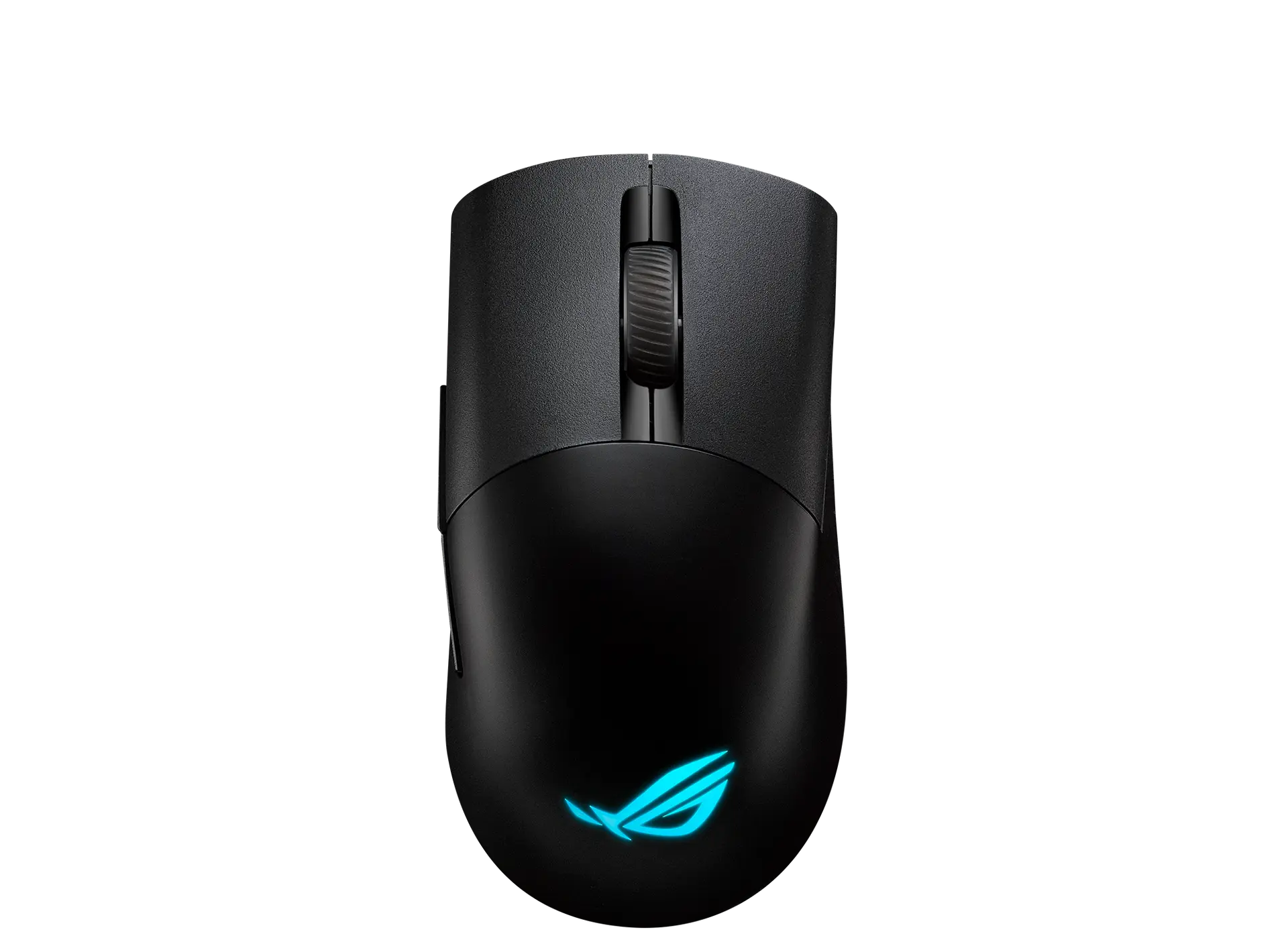 ASUS ROG Keris Wireless AimPoint mouse in black, top view showing the scroll wheel, left side buttons and cyan-lit ROG logo