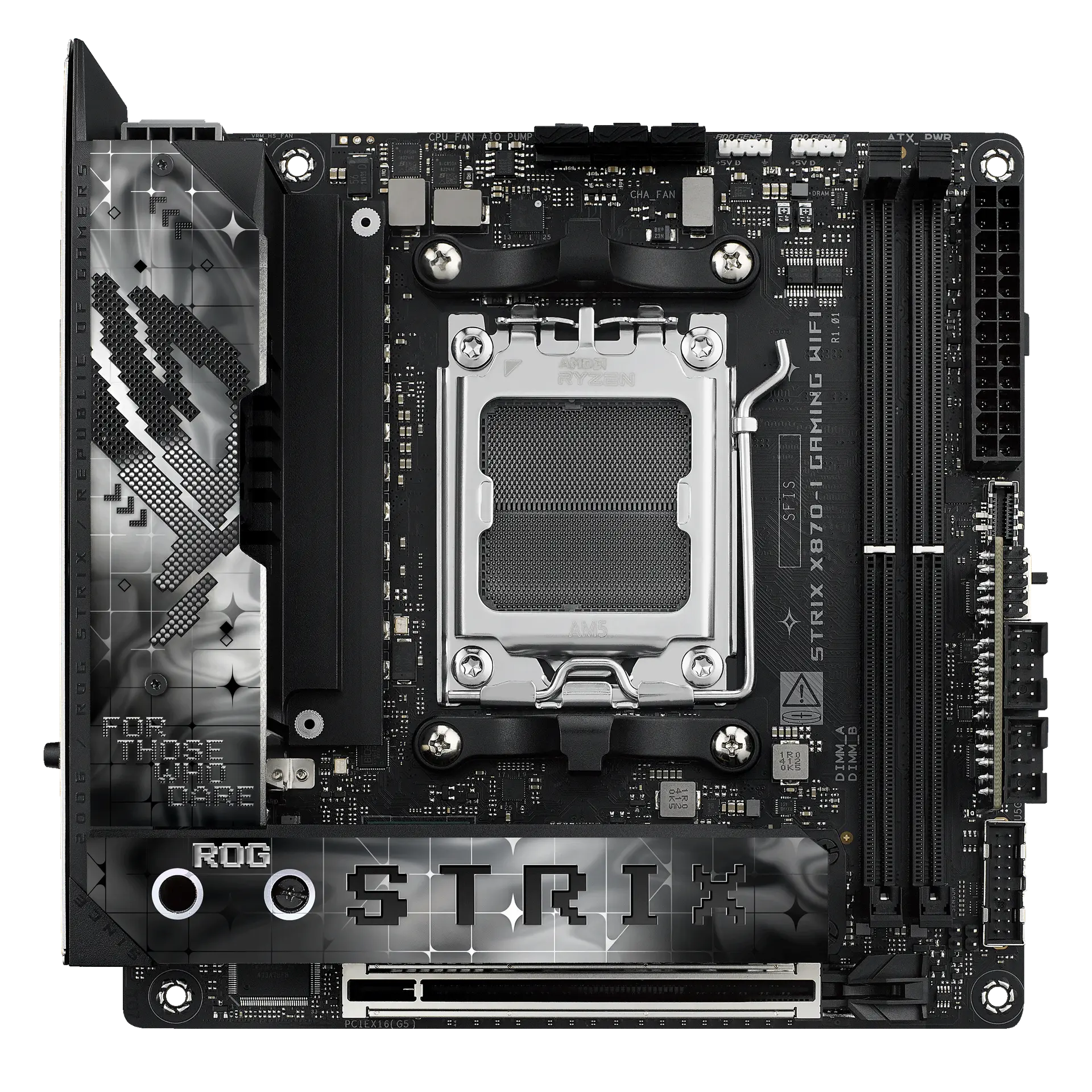 ASUS ROG STRIX X870-I GAMING WIFI motherboard, official front view showing its exact board layout, processor socket, memory slots and heatsinks.