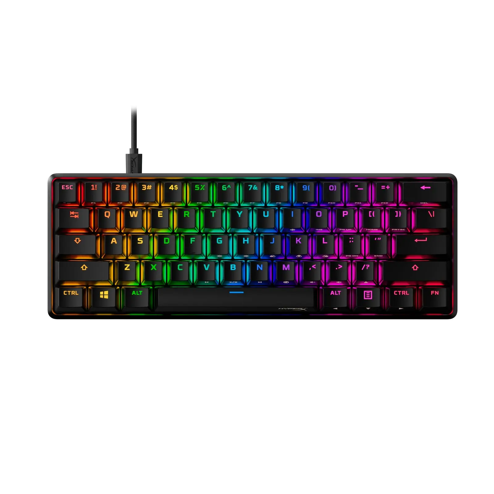 HyperX Alloy Origins 60 black 60% keyboard with US layout and RGB lighting, official top-down view