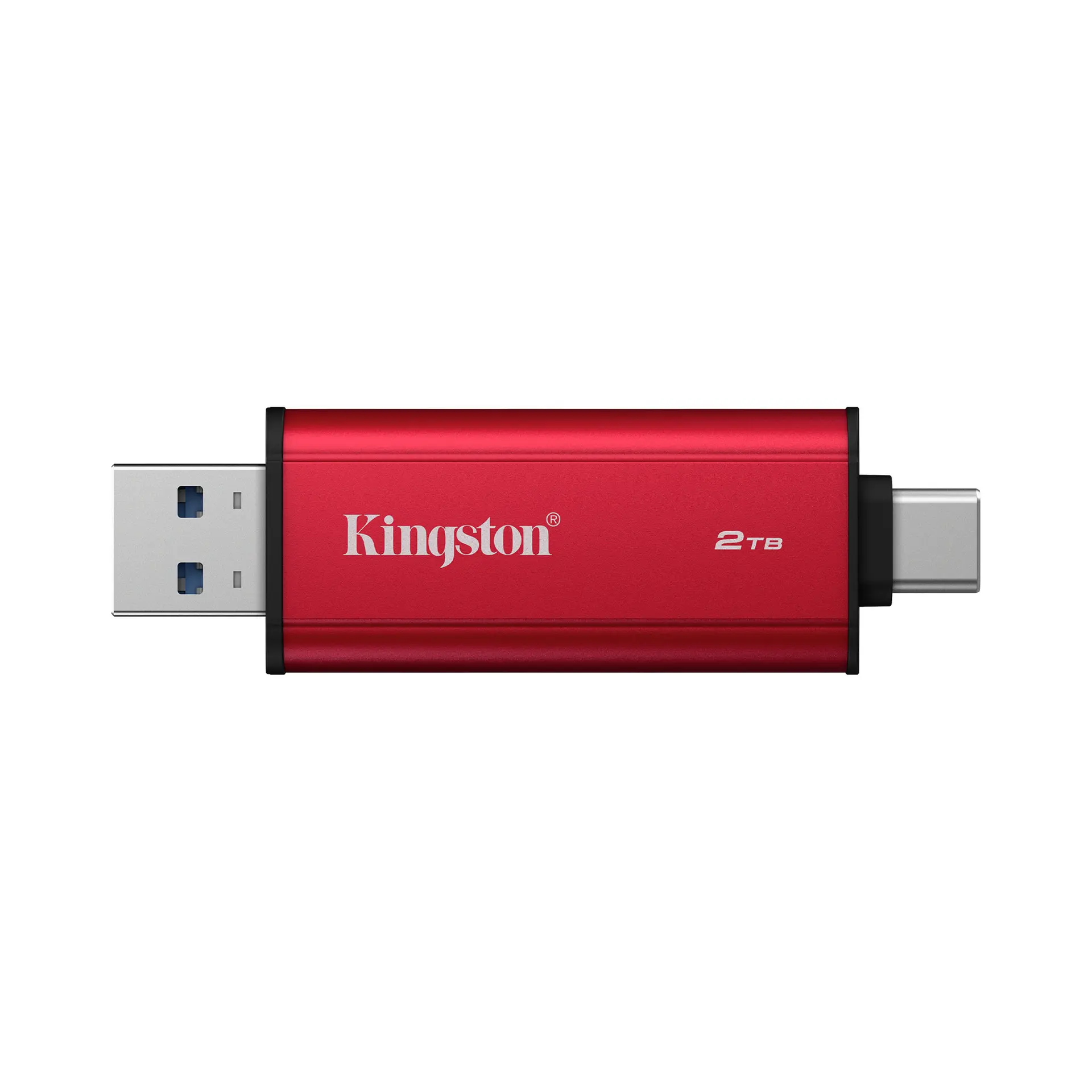 Kingston Dual Portable SSD 2 TB in a red casing with its USB Type-A and USB Type-C connectors exposed