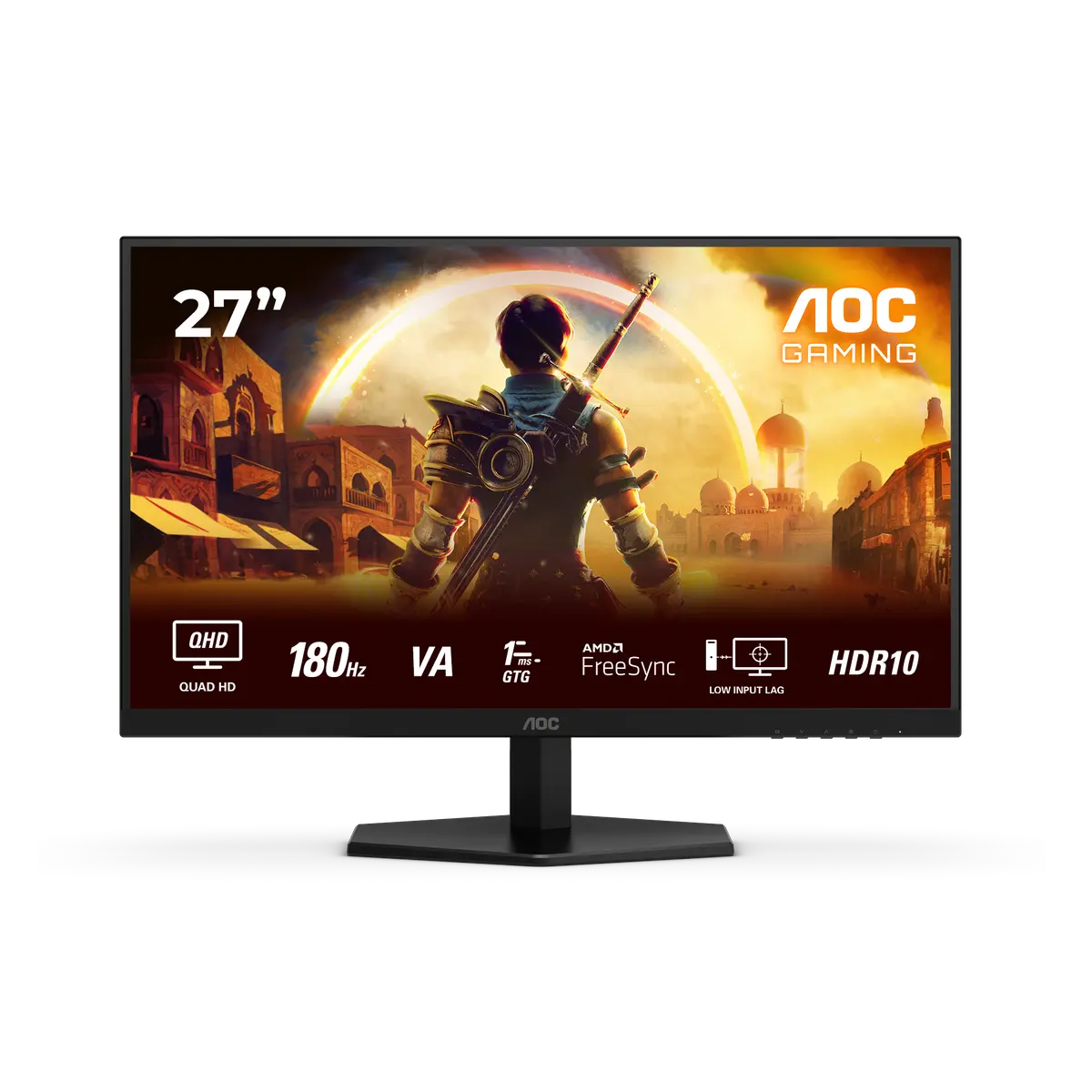 AOC Q27G42XNE monitor, official exact-model gallery view showing the screen and supplied stand.