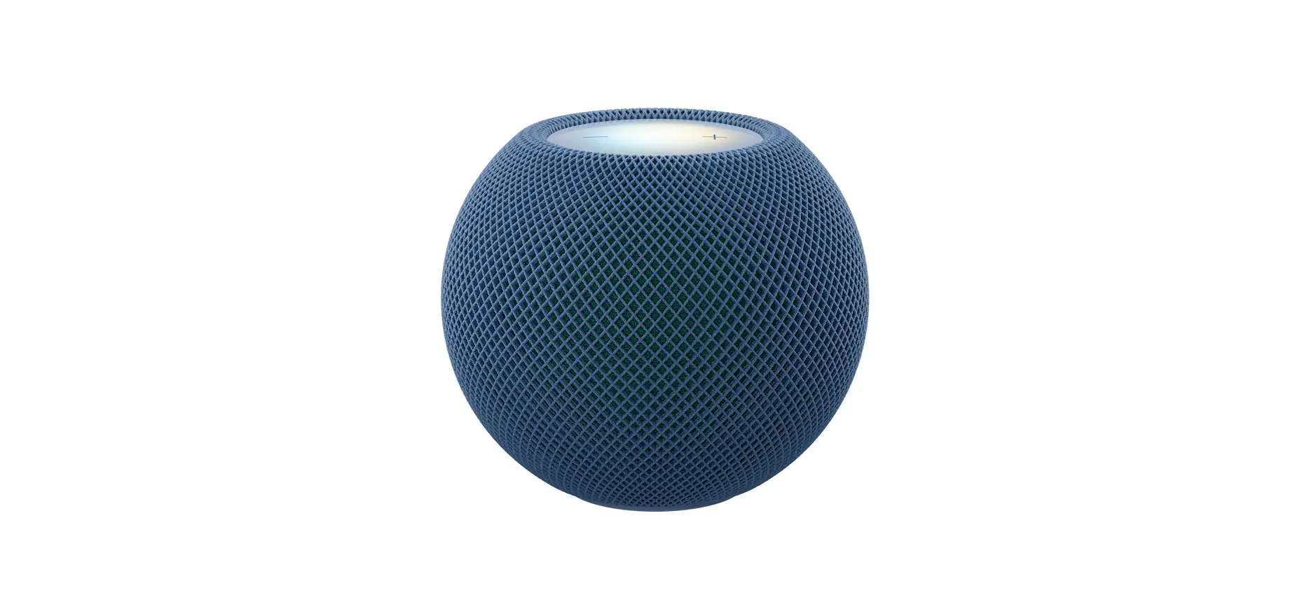 HomePod mini 2, blue colour (dark blue), front exterior, compact spherical design, seamless acoustic mesh fabric. Top exterior, flat backlit touch surface, multi‑coloured illumination