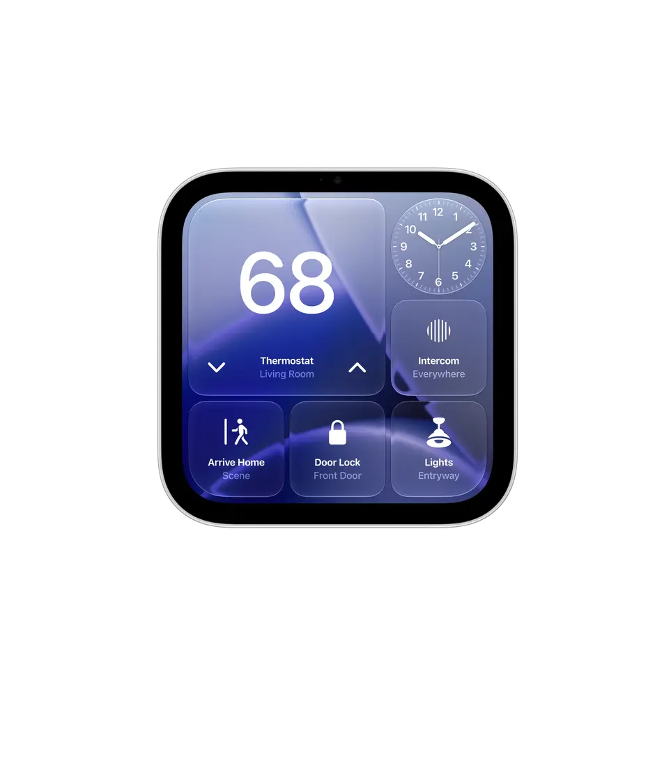 Apple HomeView (Wall Mounted), silver colour, square display, rounded corners, black display bezel, centred top camera. Screen displays interactive tiles with Home controls