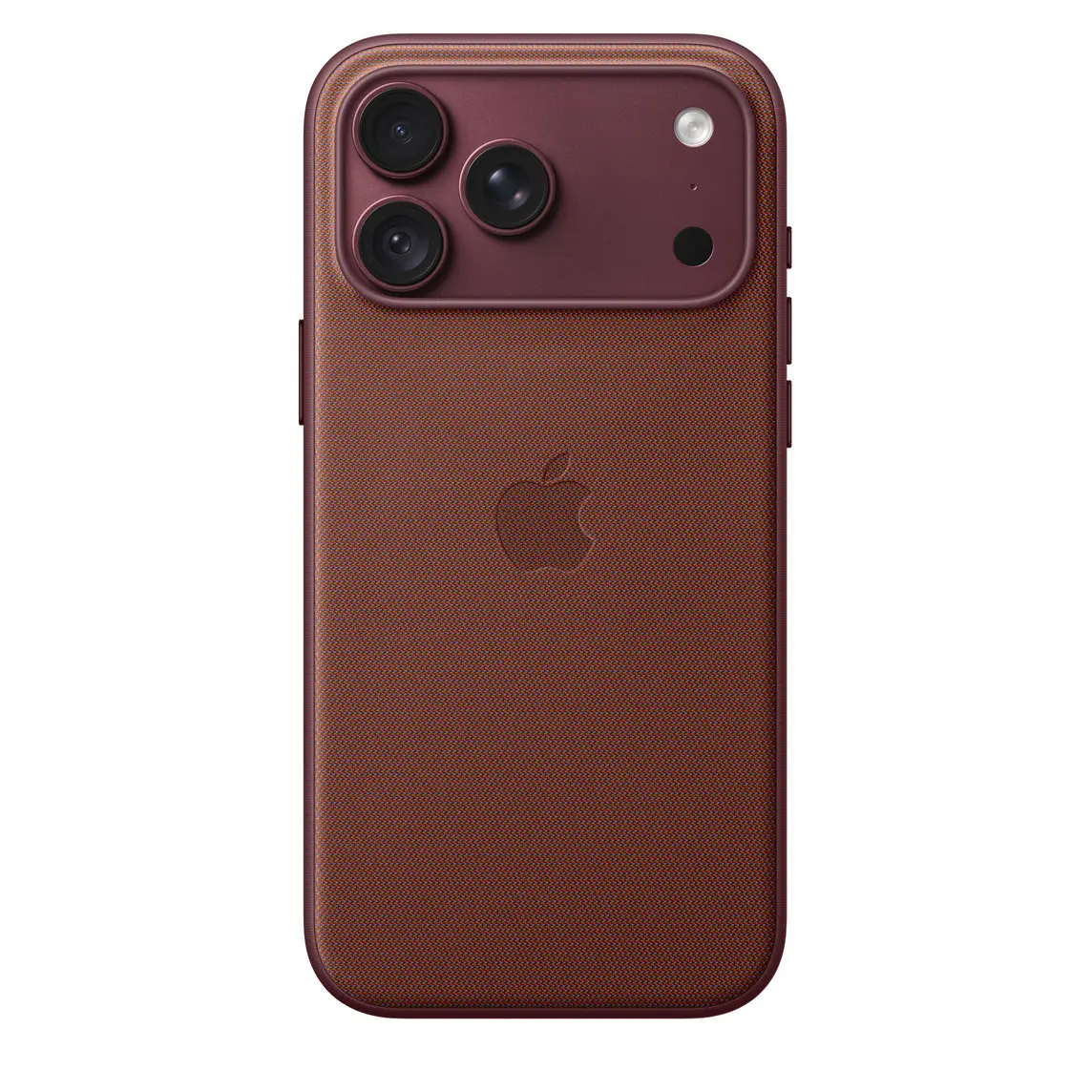 iPhone 18 Pro Max TechWoven Case with MagSafe in burgundy colour (dark red), back exterior, embedded Apple logo in centre, attached to iPhone 18 Pro Max in burgundy colour (dark red), visible through camera cutout
