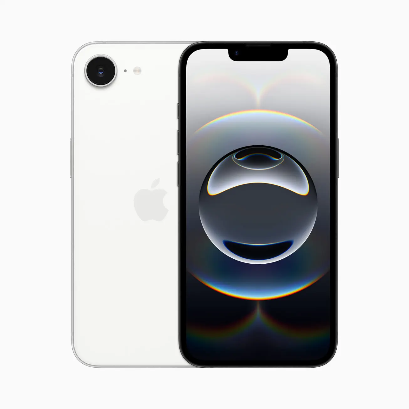 Apple iPhone 16e in White, official front and rear product view