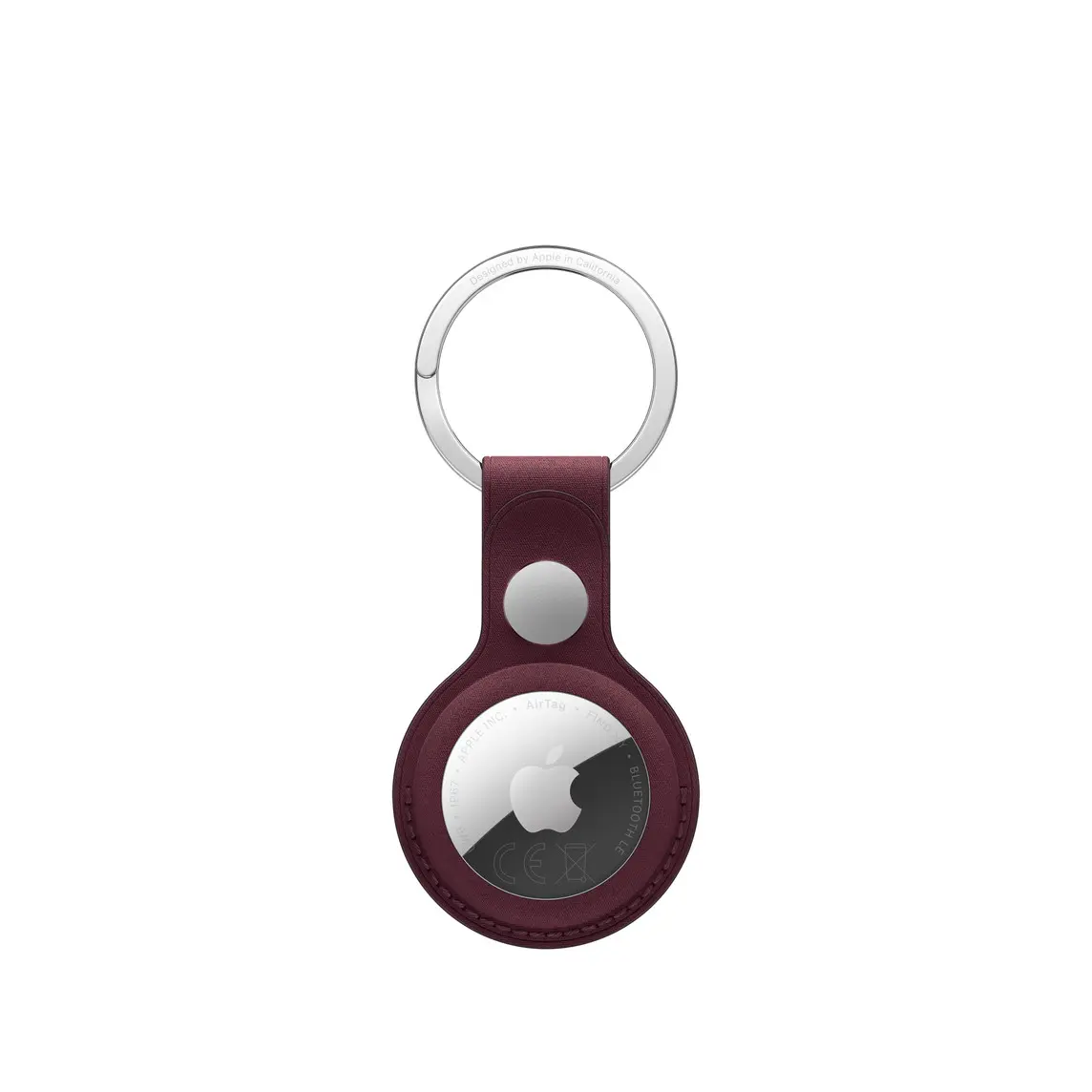AirTag FineWoven Key Ring, snap closure button, stainless steel key ring, burgundy colour (dark red) material covers the outer edge of AirTag, circular cutout, AirTag visible, Apple logo centred