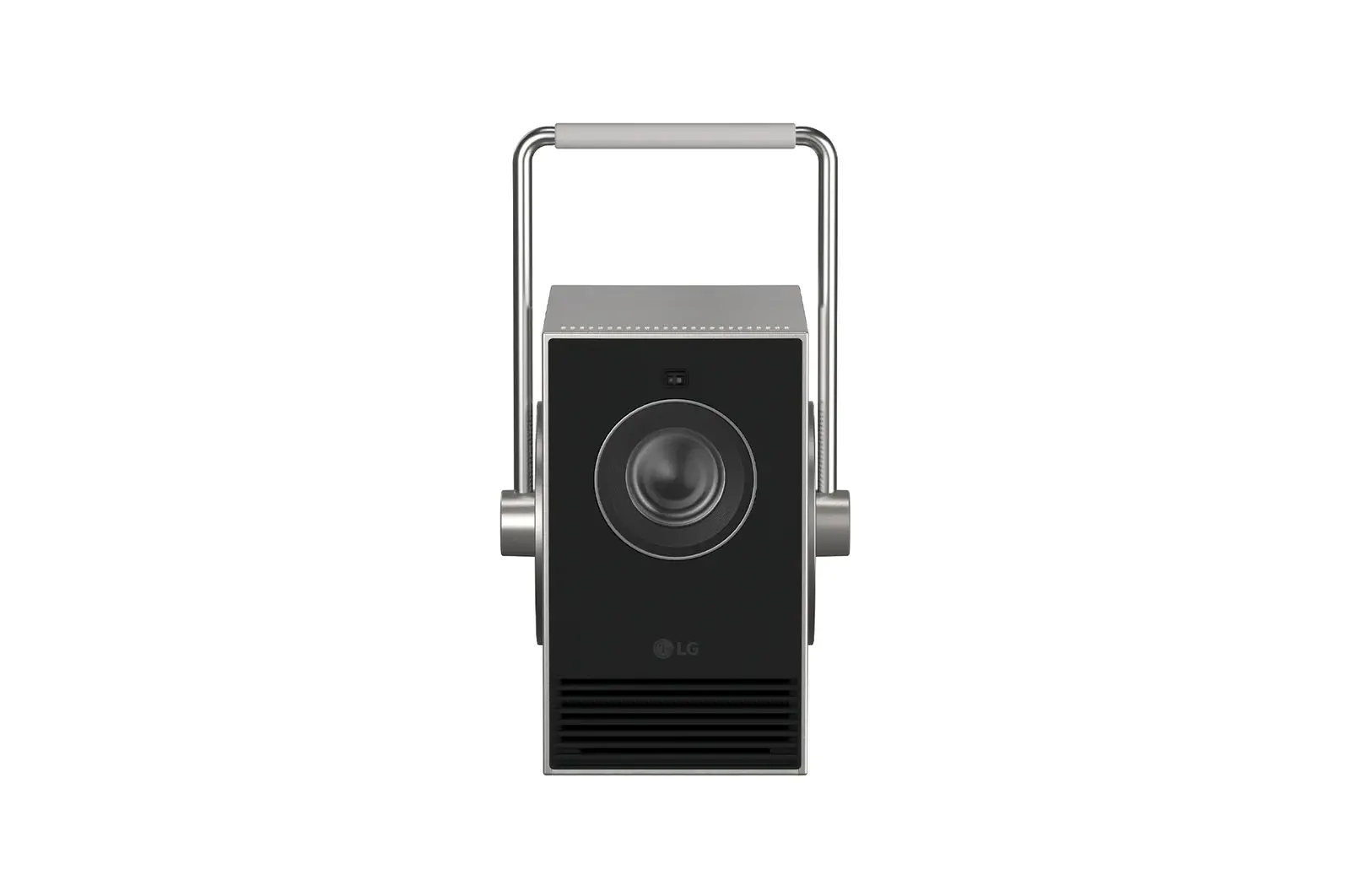 Front view of LG CineBeam Q Mini Projector, 4K UHD, 120" Screen, RGB Laser, 600 ANSI Lumens, Silver PU600U