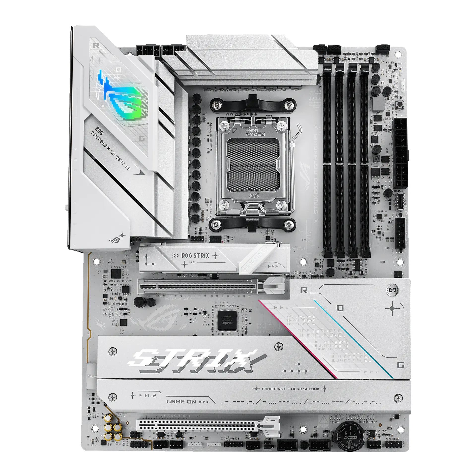 ASUS ROG STRIX B850-A GAMING WIFI motherboard, official front view showing its exact board layout, processor socket, memory slots and heatsinks.