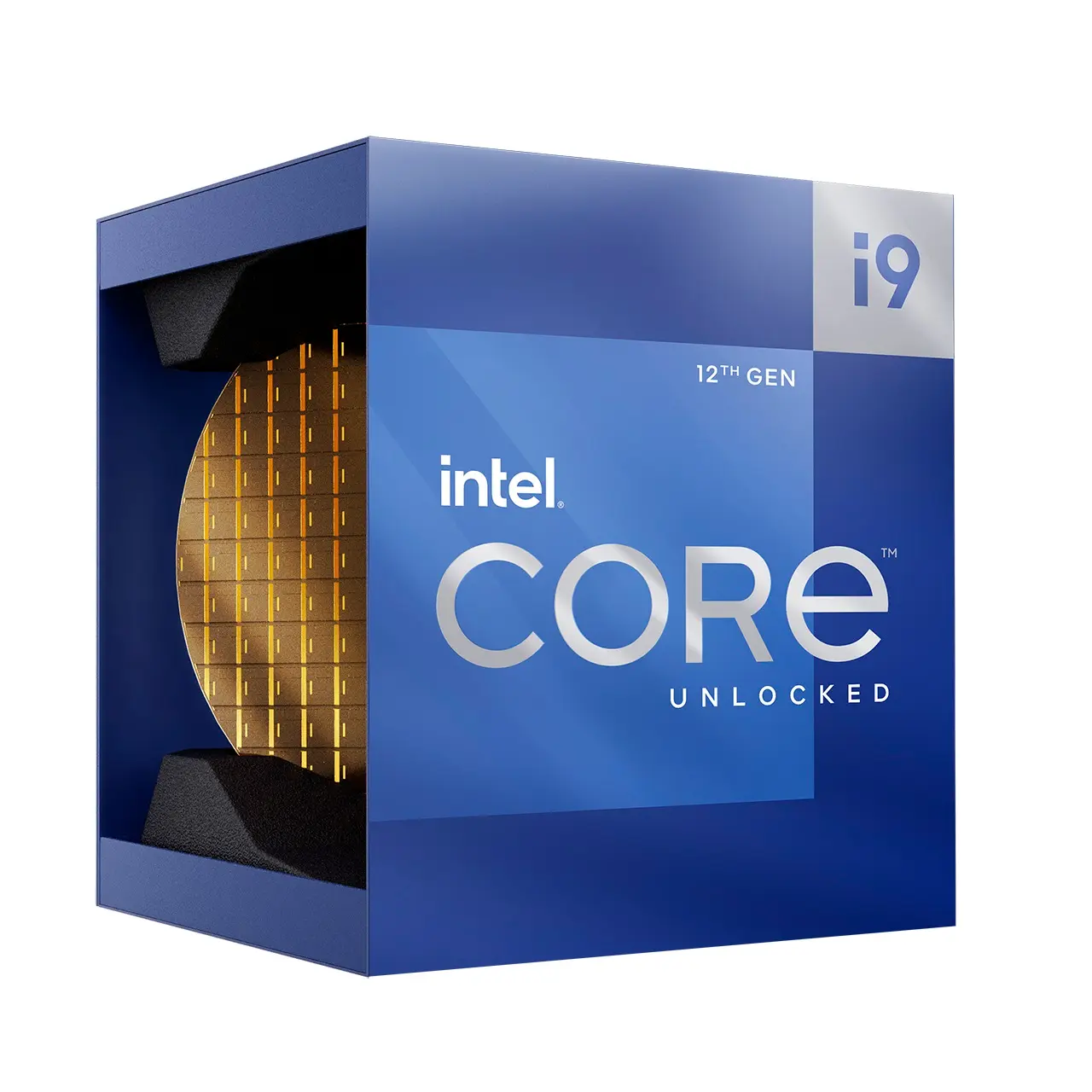 Intel Core i9-12900K original premium retail box with a gold plastic wafer holder; this packaging is discontinued