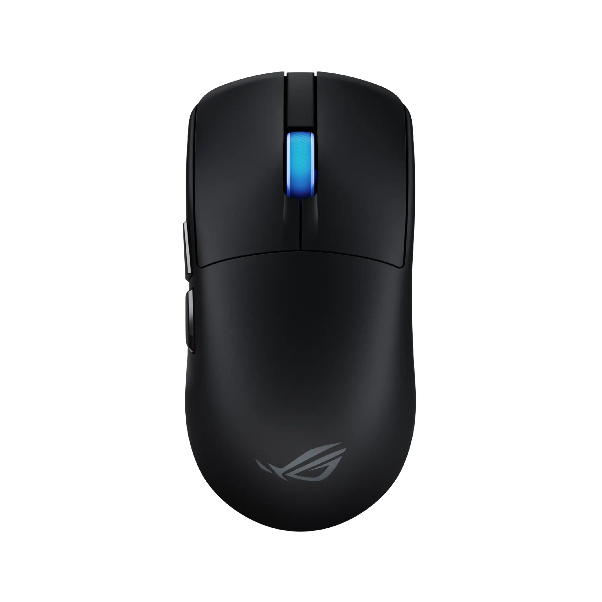 ASUS ROG Harpe II Ace wireless mouse in black, top view showing the blue-lit scroll wheel, left side buttons and ROG logo