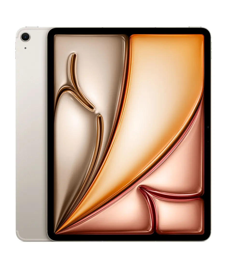 iPad Air, Wi-Fi + Cellular, back exterior, Starlight, single-lens camera, iPad Air, front exterior, black display bezel, rounded corners