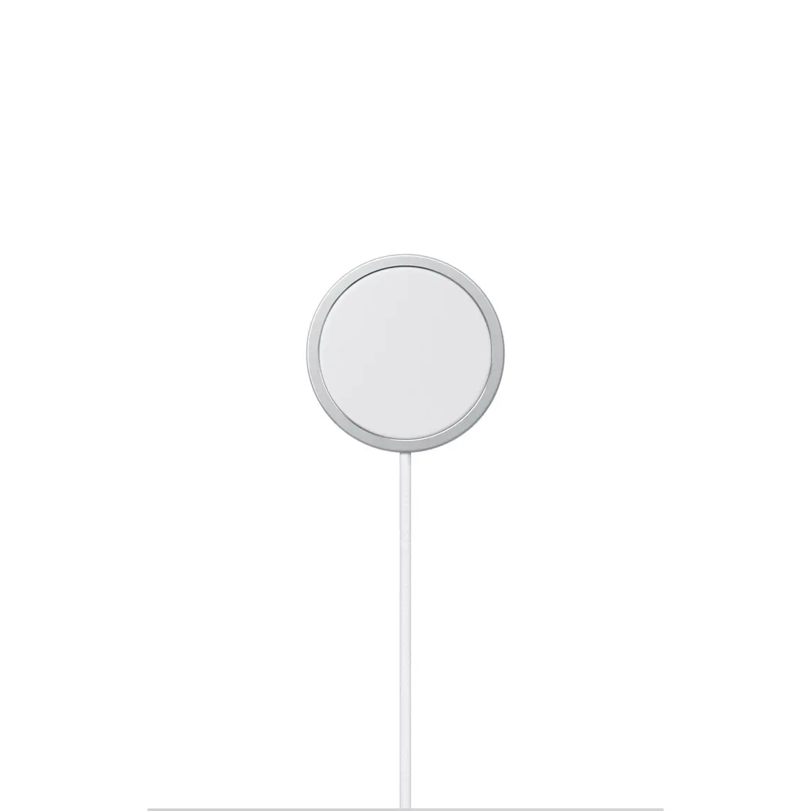 MagSafe Charger, interior charging surface, a white circle surrounded by outer grey ring, embedded white woven cable.