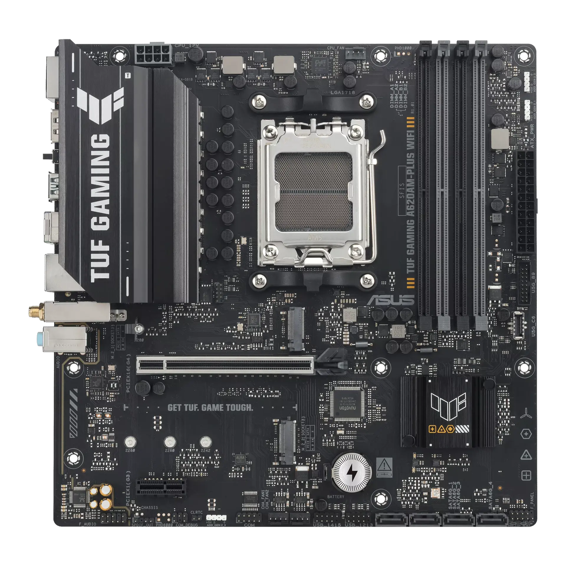 ASUS TUF GAMING A620AM-PLUS WIFI micro-ATX motherboard, official front view showing its exact board layout, AM5 processor socket, four memory slots and heatsinks.