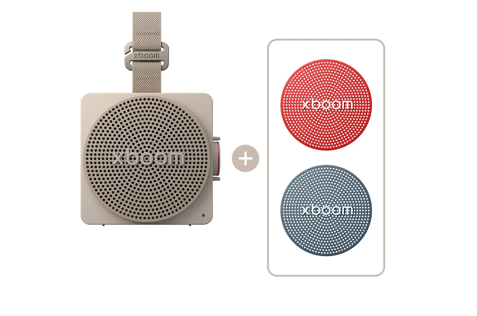 Front view of LG xboom Mini by will.i.am Speaker - Grey & Replacement Grille - Red & Blue Bundle MINIG.AGLBLRB