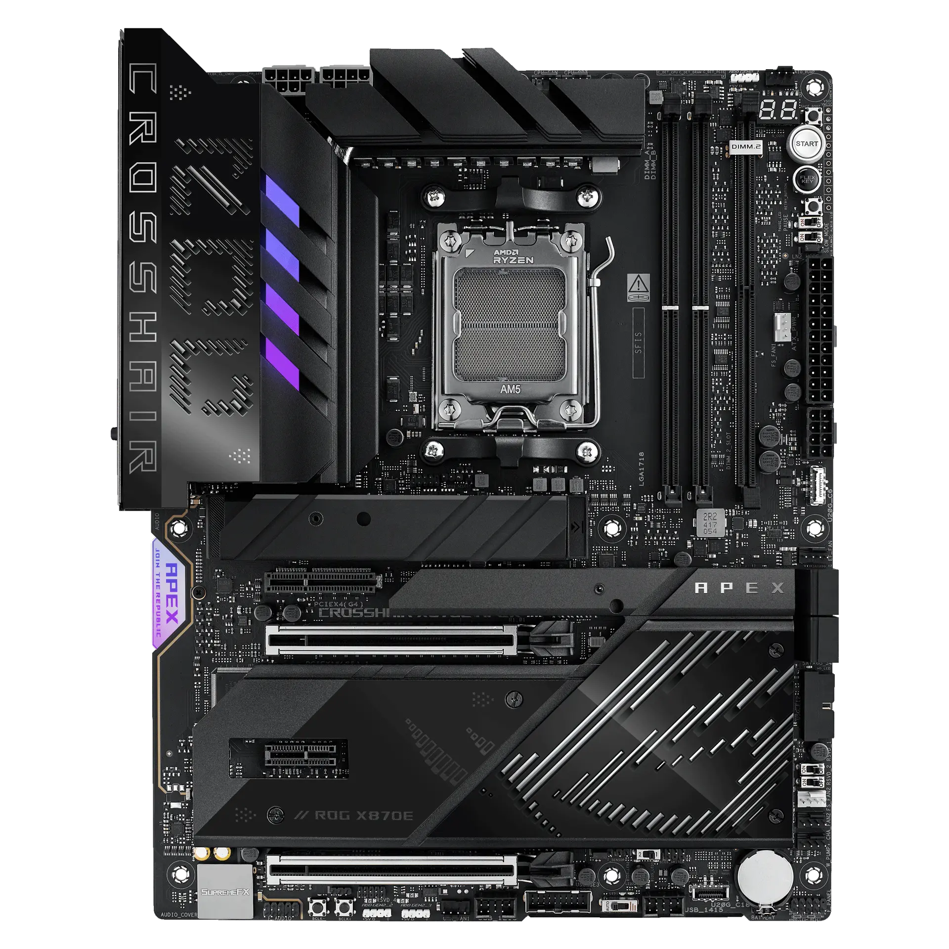 ASUS ROG CROSSHAIR X870E APEX motherboard, official front view showing its exact board layout, processor socket, memory slots and heatsinks.