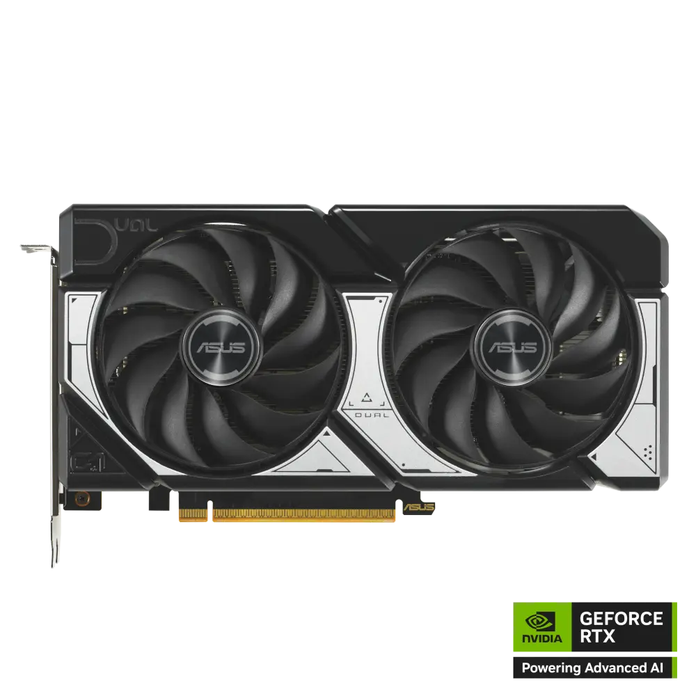 ASUS Dual GeForce RTX 5060 8GB GDDR7 OC Edition graphics card, front view of the fans and shroud