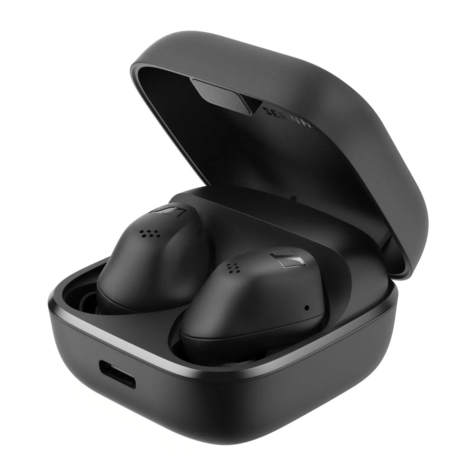 Sennheiser ACCENTUM True Wireless in Black, both earbuds sitting in the open charging case