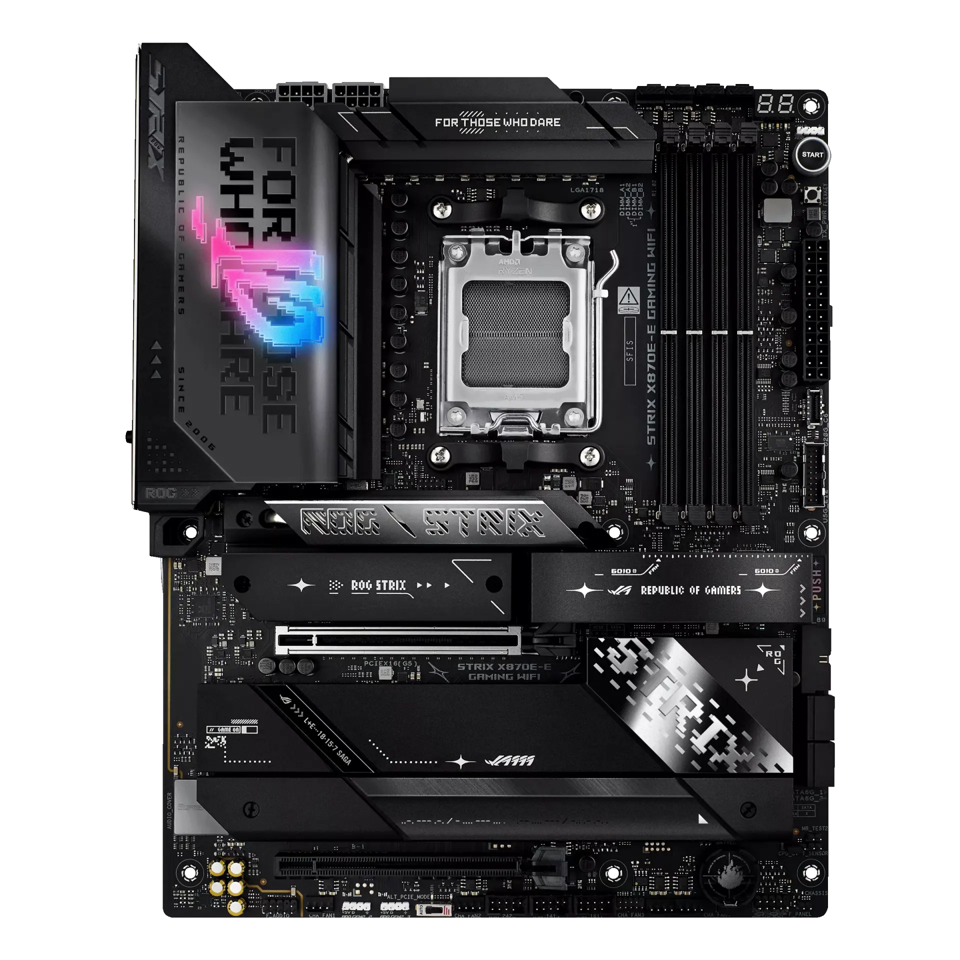 ASUS ROG STRIX X870E-E GAMING WIFI motherboard, official front view showing its exact board layout, AM5 processor socket, four memory slots and heatsinks.
