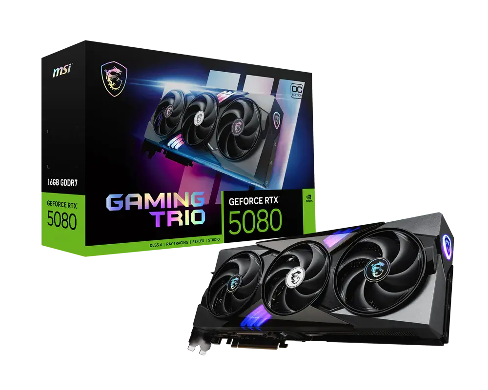 MSI GeForce RTX 5080 16G GAMING TRIO OC graphics card and exact-model retail box showing 16 GB GDDR7