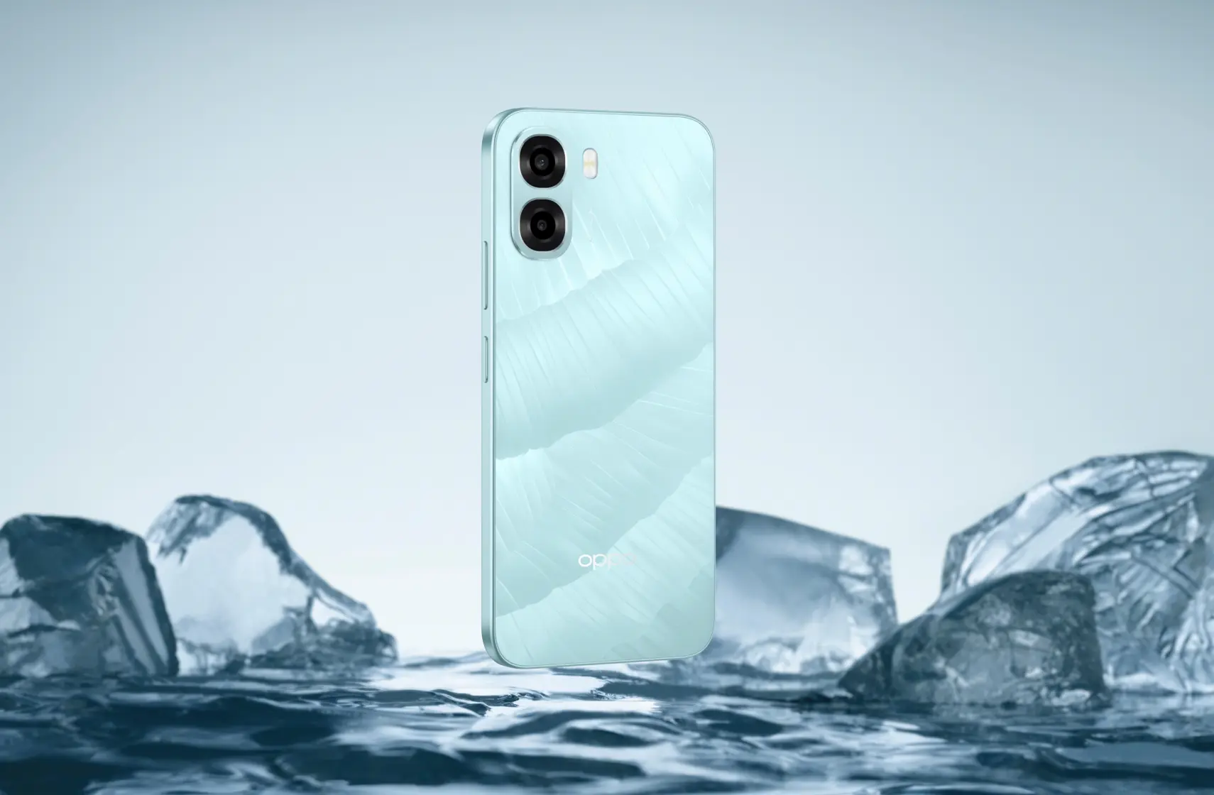OPPO A6x in Ice Blue, rear view, official product image