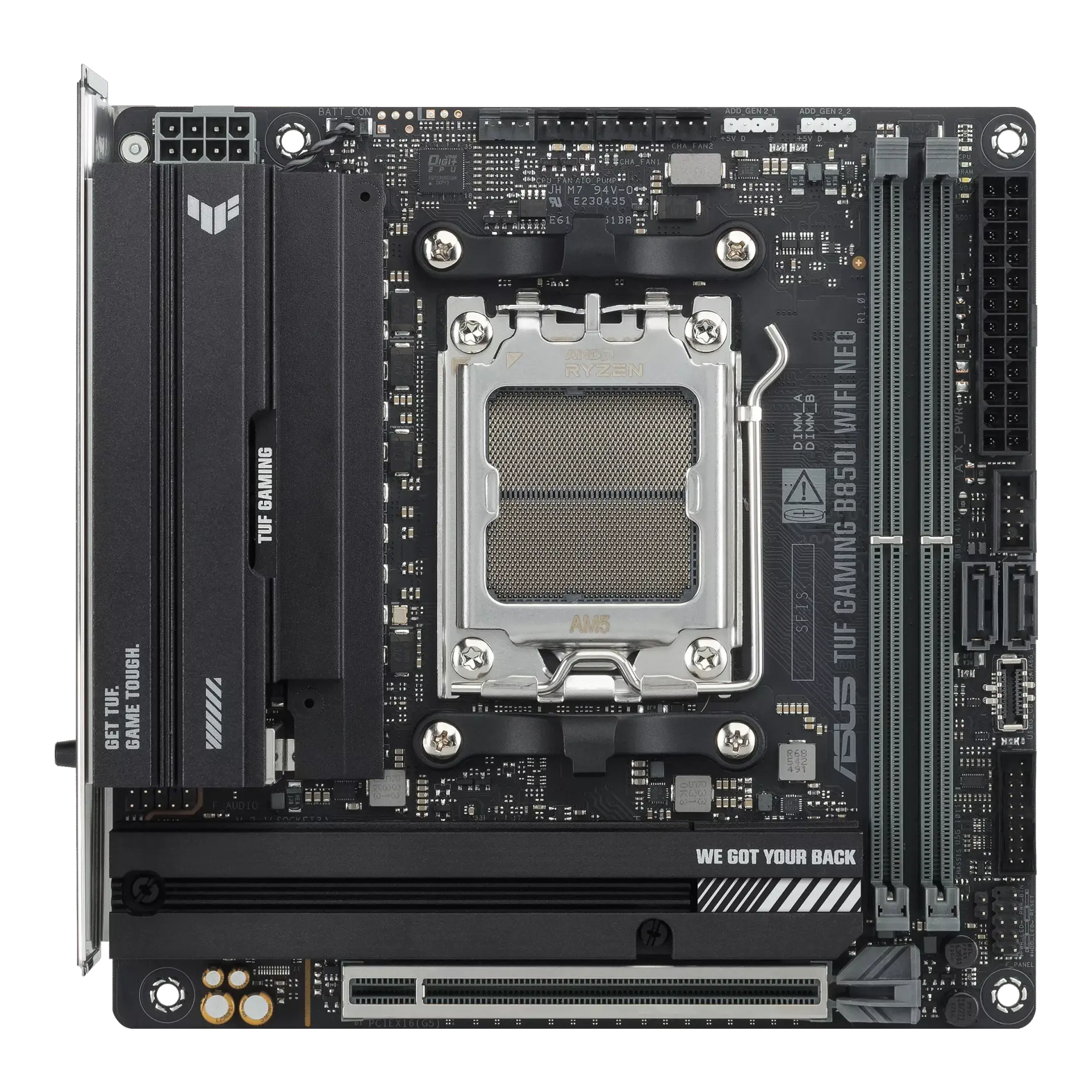 ASUS TUF GAMING B850I WIFI NEO Mini-ITX motherboard, official front view showing its exact board layout, AM5 processor socket, two memory slots and heatsinks.