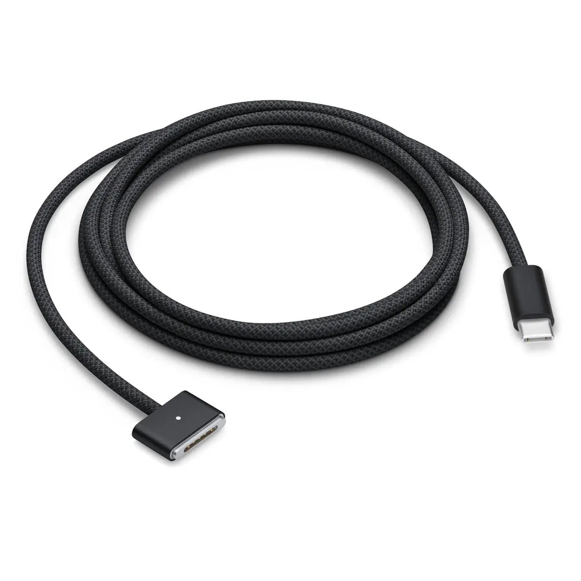 USB-C to MagSafe 3 cable, 2 metre, coiled, Space Black woven design, magnetic MagSafe 3 connector and USB-C connector in matching Space Black.