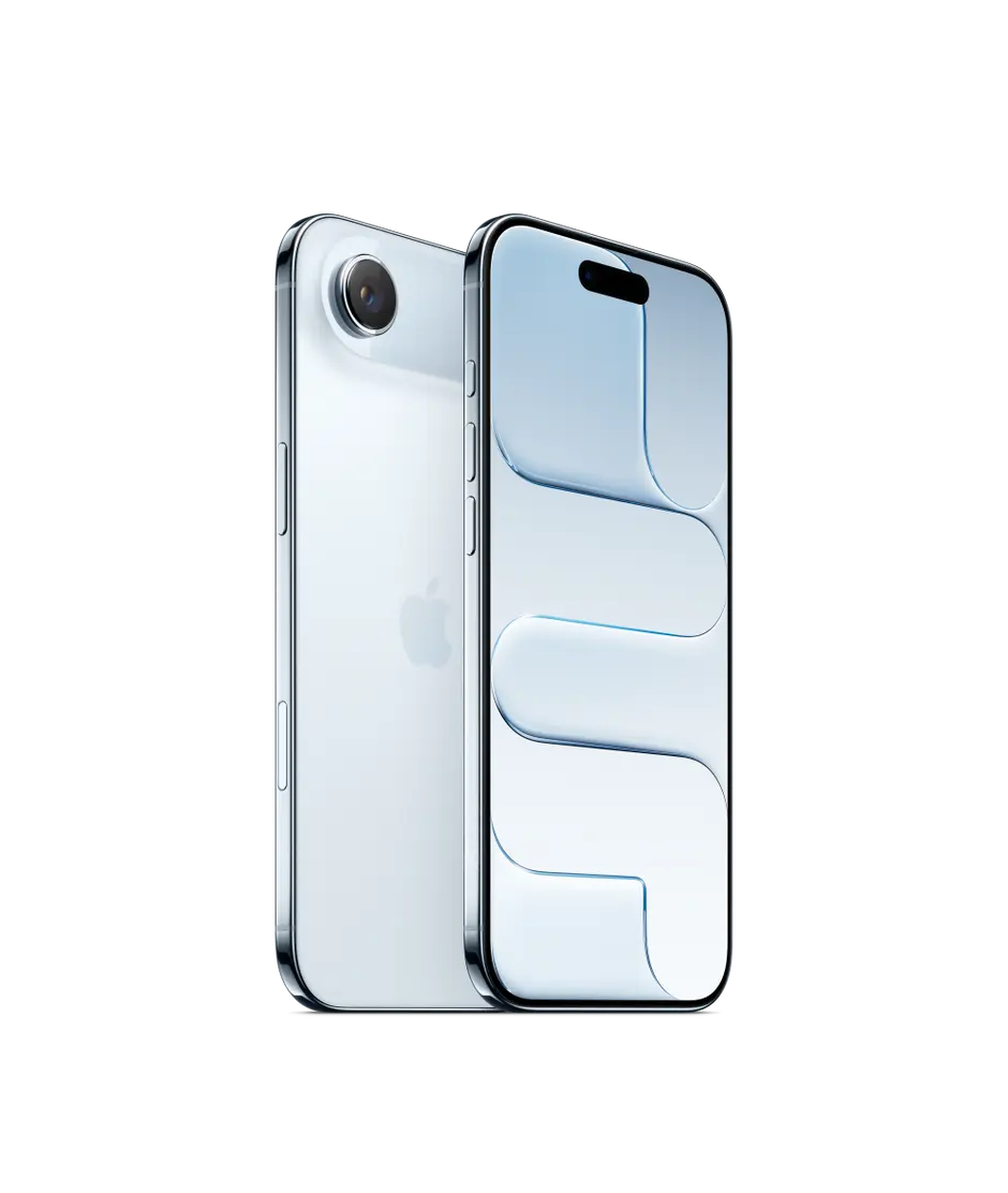 iPhone Air, back exterior, sky blue colour, 2-in-1 camera system, front exterior, all screen design, Dynamic Island, thin black display border, titanium side exterior, Action button, volume buttons, Side button, Camera Control button