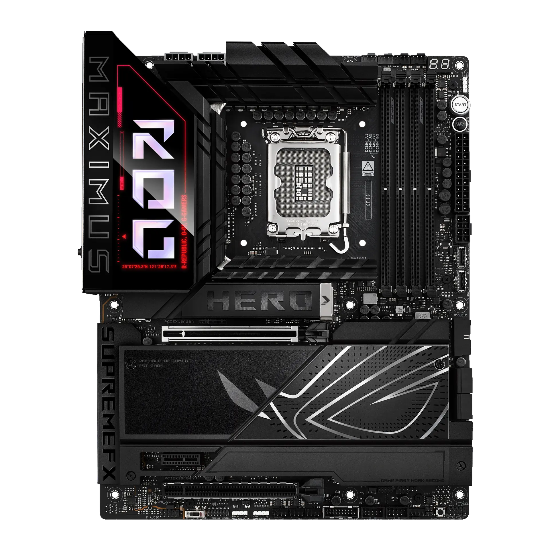 ASUS ROG MAXIMUS Z890 HERO motherboard, official front view showing its exact board layout, processor socket, memory slots and heatsinks.