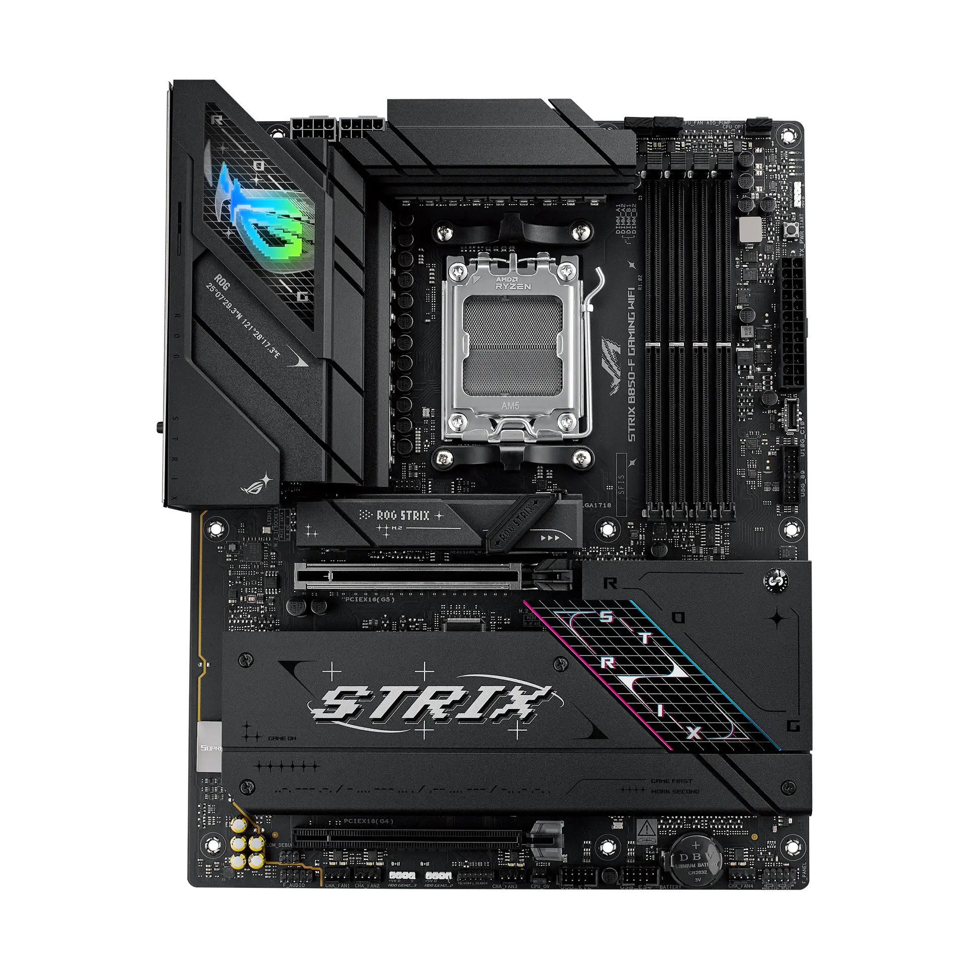 ASUS ROG STRIX B850-F GAMING WIFI motherboard, official front view showing its exact board layout, processor socket, memory slots and heatsinks.