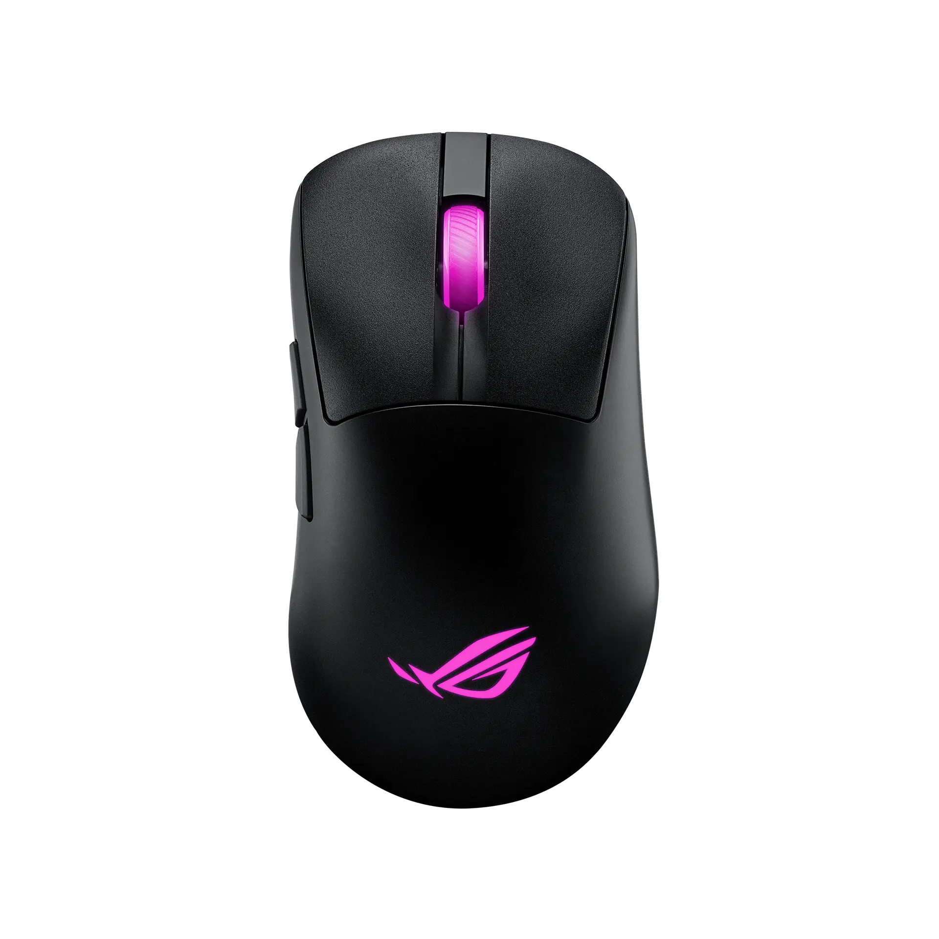 ASUS ROG Keris II Origin wireless mouse in black, top view showing the magenta-lit scroll wheel and ROG logo and the left side buttons