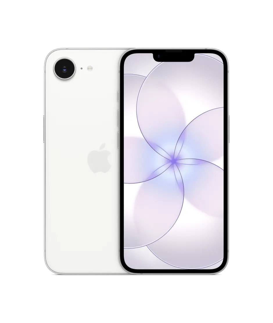 iPhone 17e, back exterior, white colour, Fusion camera system, Apple logo in centre, front exterior, all screen design, notch with TrueDepth camera, thin black display border, rounded corners, straight sides