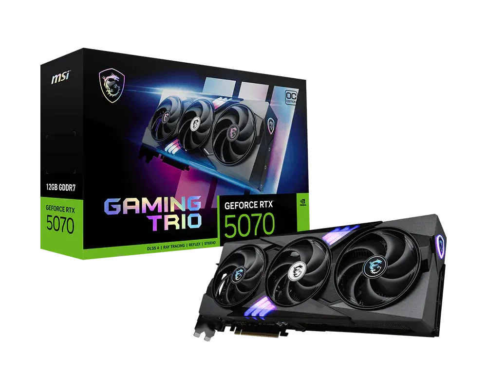 MSI GeForce RTX 5070 12G GAMING TRIO OC: one graphics card beside its exact model retail box