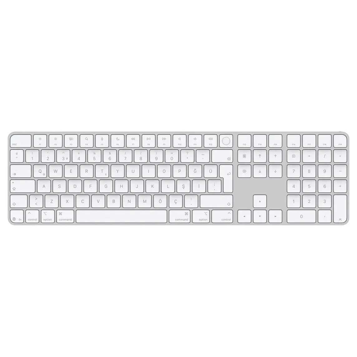 Magic Keyboard with Touch ID and Numeric Keypad, whitekeys, silver aluminium structure, round Touch ID sensor, full-height function keys