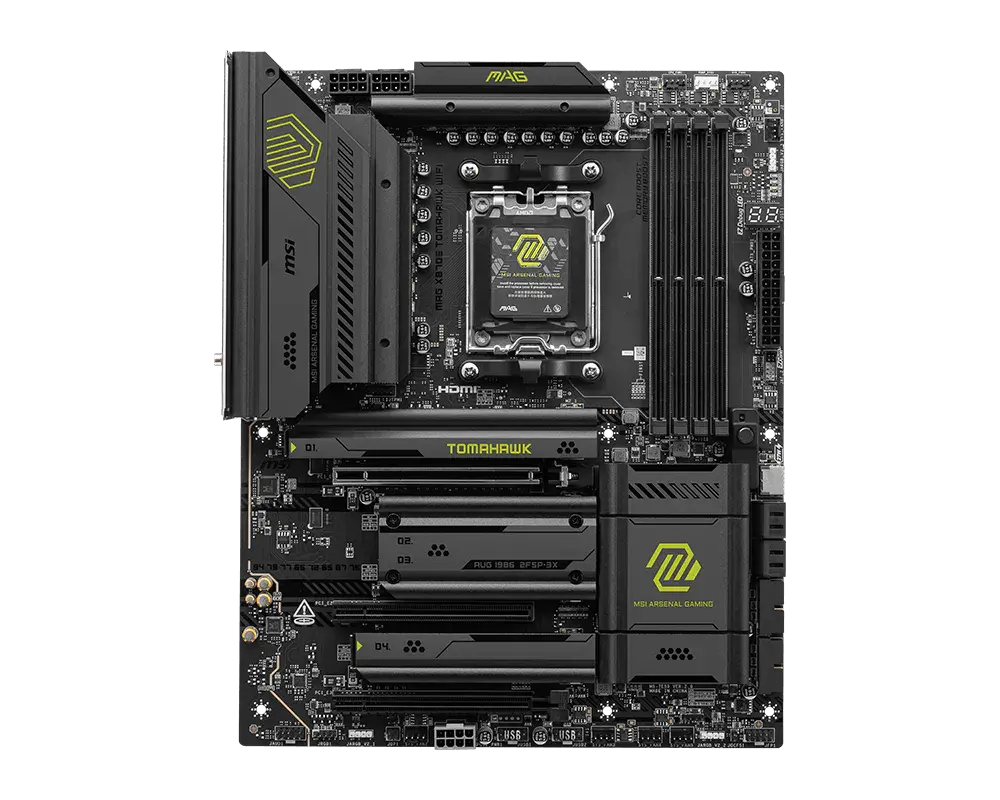 MSI MAG X870E TOMAHAWK WIFI motherboard, top view of the exact global model; CPU and memory are not installed