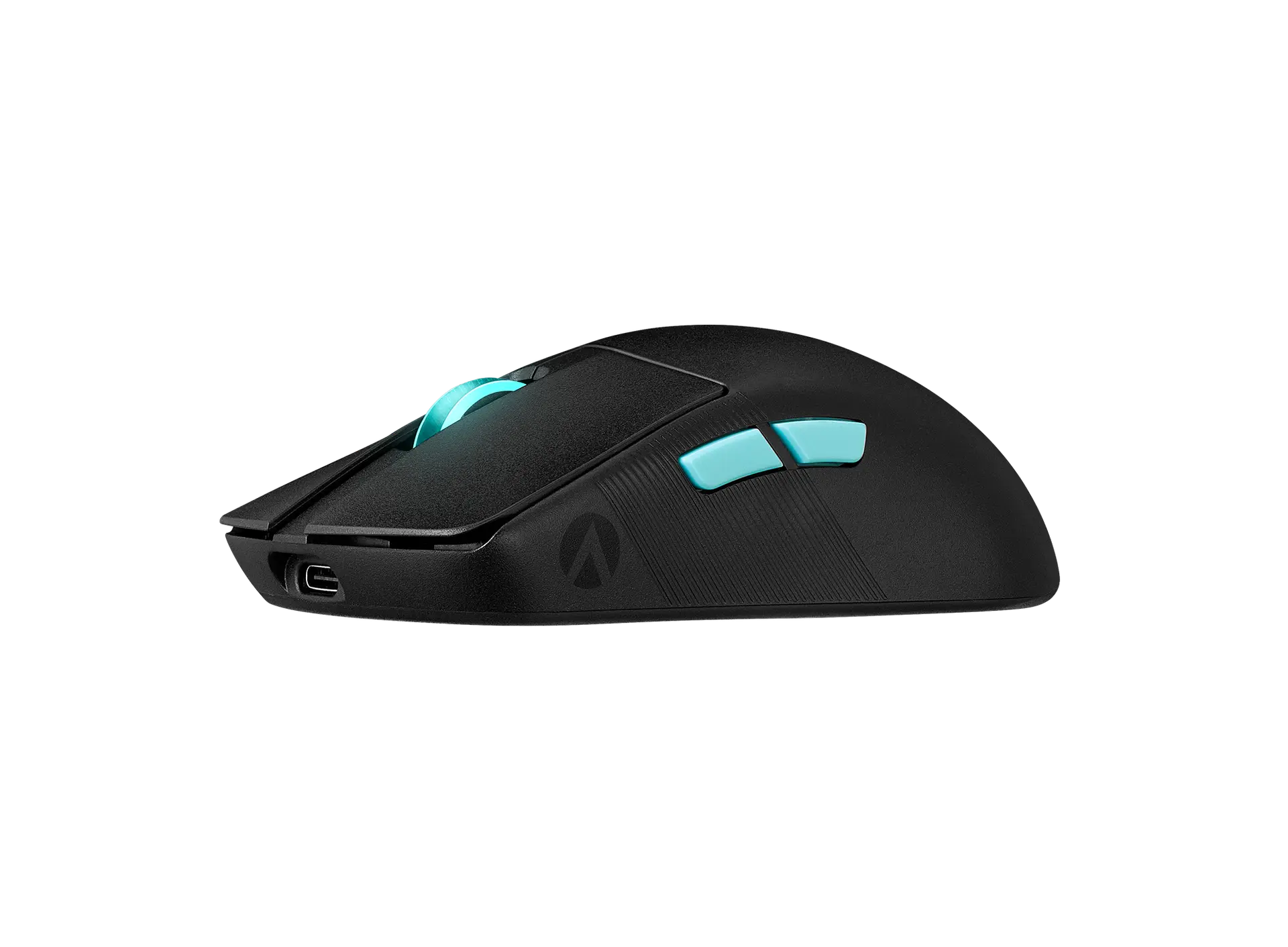 ASUS ROG Harpe Ace Aim Lab Edition wireless mouse in black, left-side view showing the two cyan side buttons, cyan scroll wheel, Aim Lab logo and USB-C port