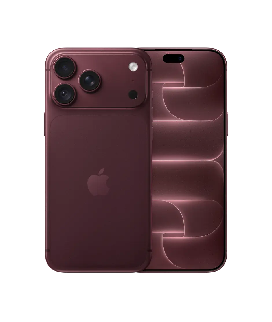 iPhone 18 Pro Max, back exterior, burgundy colour (dark red), Pro Fusion camera system at top, Apple logo in centre, front exterior, all-screen design, Dynamic Island at top centre