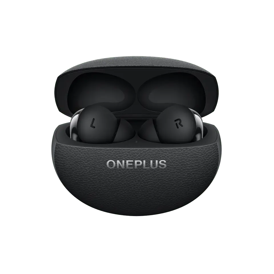 OnePlus Buds Pro 3 in Midnight Opus black sitting in their open leather-textured charging case