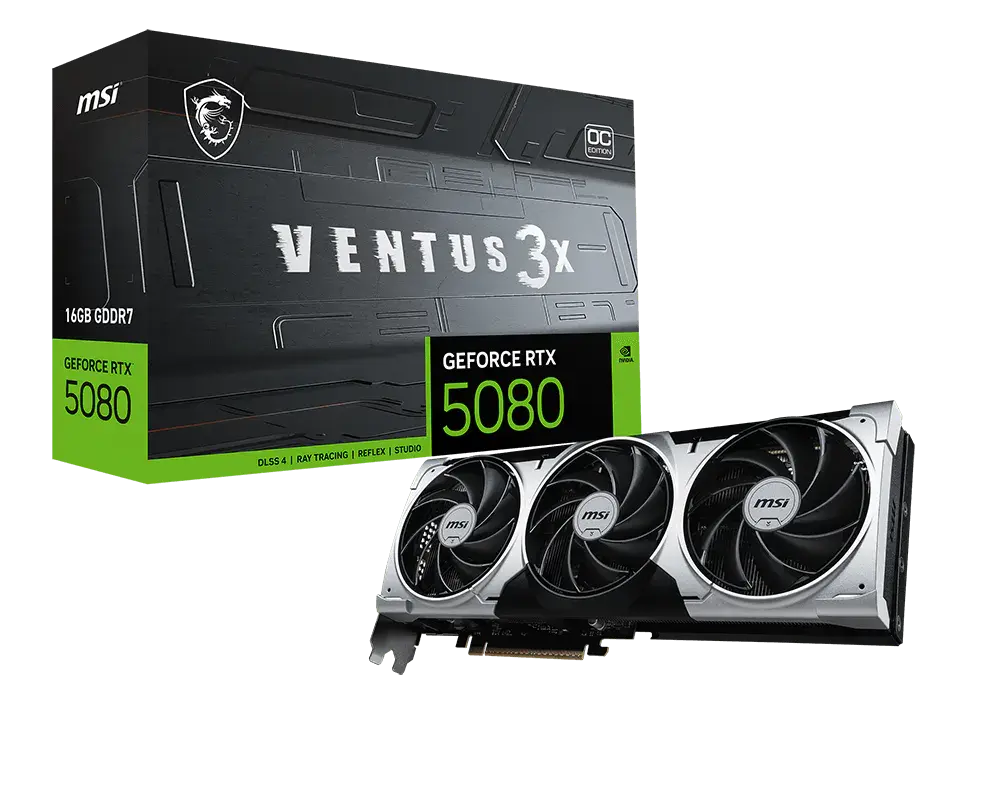 MSI GeForce RTX 5080 16G VENTUS 3X OC PLUS: one graphics card beside its exact model retail box
