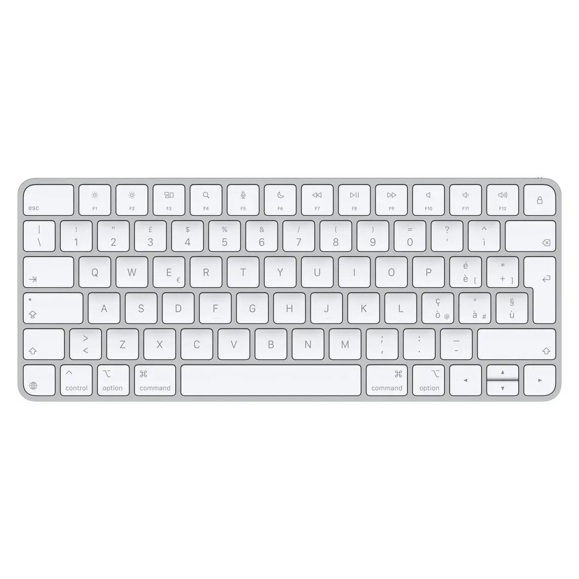 Magic Keyboard, white keys, silver aluminium structure, full-height function keys, half-height up and down arrow keys