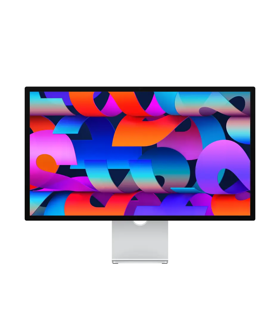 Studio Display, rectangular screen, nano-texture glass, reduced glare, low reflectivity, thin black bezels, silver colour stand