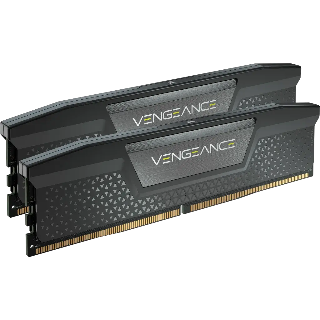 Corsair Vengeance 64 GB CMK64GX5M2B5200C40 — Two black non-RGB VENGEANCE DDR5 modules, oblique view.