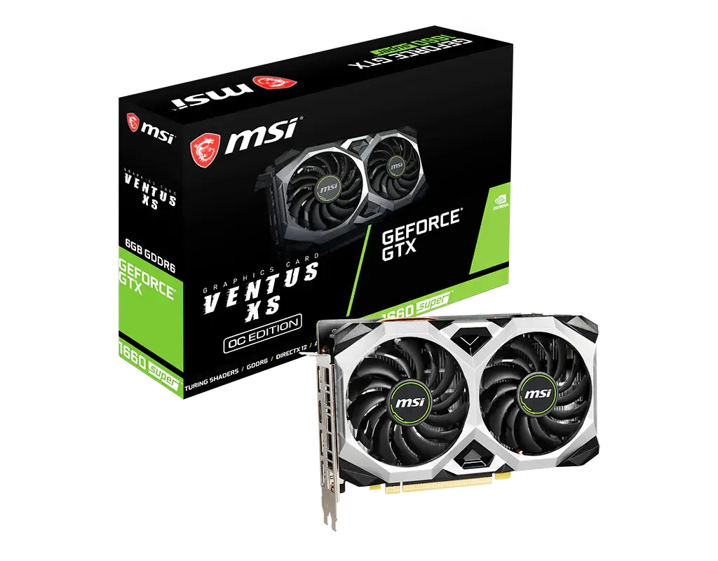 MSI GeForce GTX 1660 SUPER VENTUS XS OC: one graphics card beside its exact model retail box