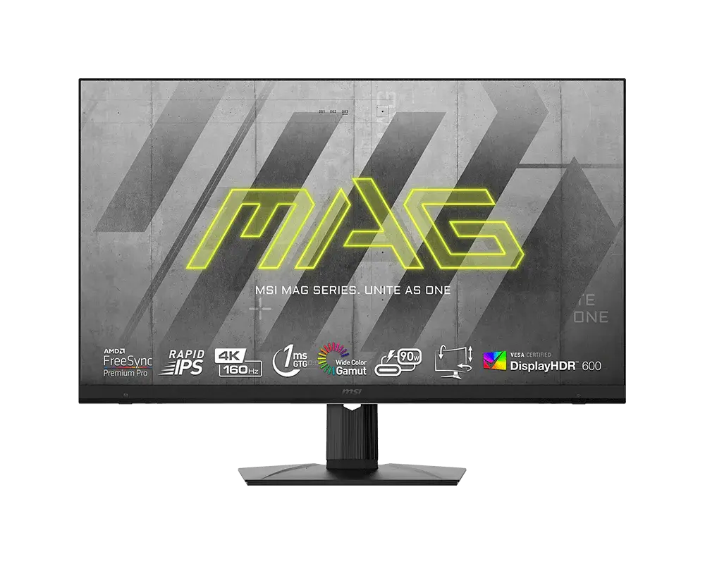 MSI MAG 323UPF monitor on its supplied stand, official front view with manufacturer sample screen artwork