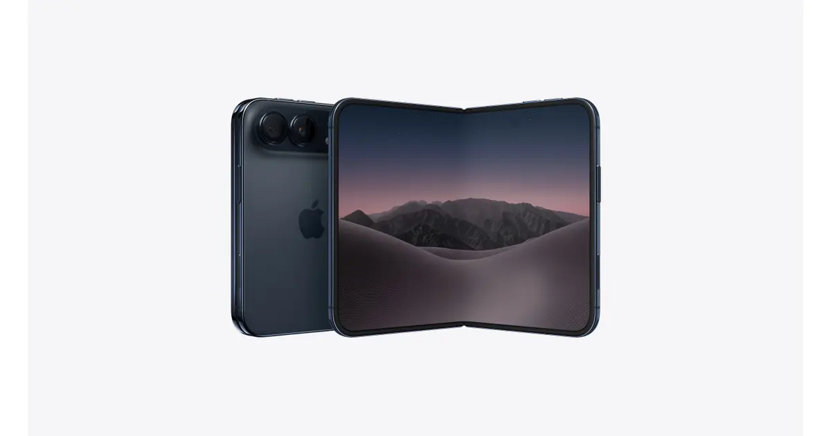 iPhone Duo in Night Sky, official Apple front and rear product views; open folding display shown