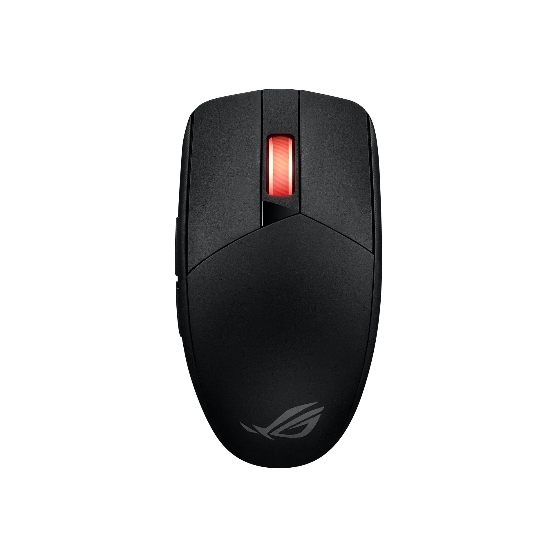 ASUS ROG Strix Impact III Wireless mouse in black, top view showing the red-lit scroll wheel, left side buttons and ROG logo